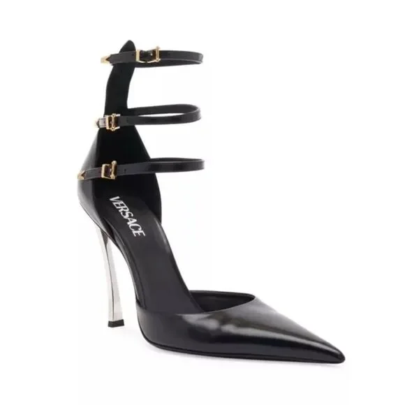 Versace Pin Point Leather Ankle Strap Pumps - Picture 1 of 14